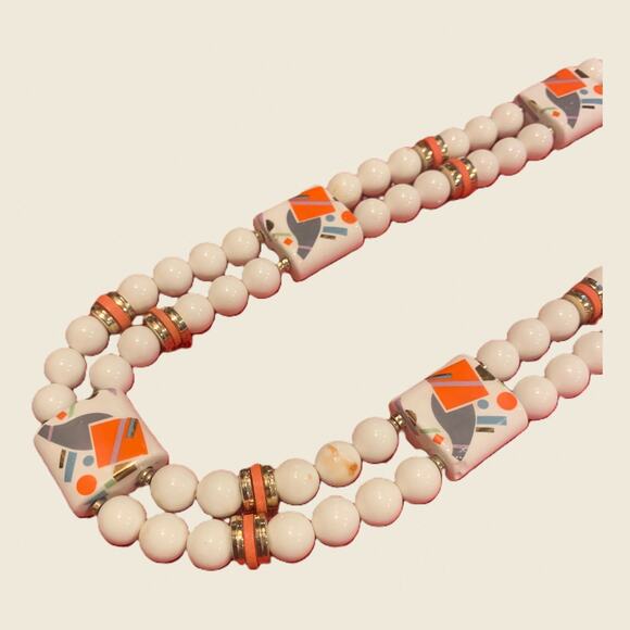 Vintage Japan Ceramic Necklace • 1970s Modern Art Beads • 28 Inch - Picture 2 of 5